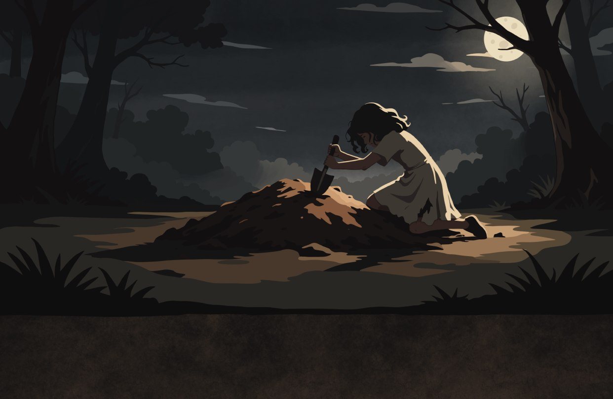 Alice in the Moonlight illustration: a girl digging in earth beneath a full moon and bare trees