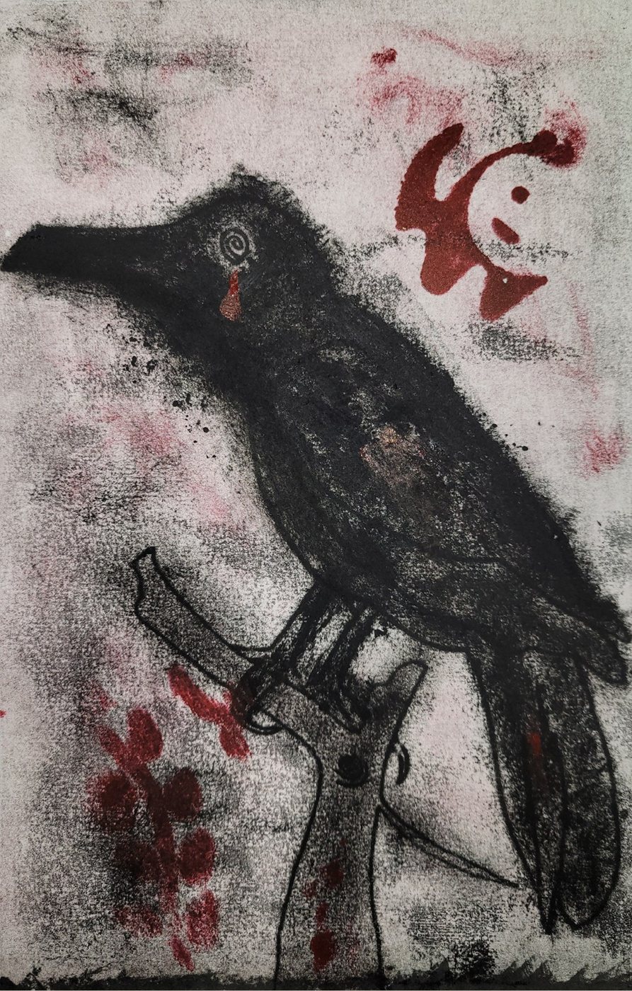 Blood and Ash: a print of a raven perched on a branch, in black and red ink
